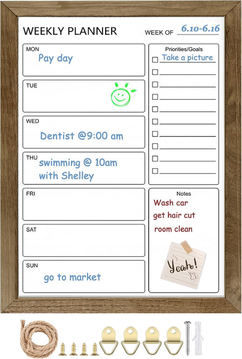 Magnetic Dry Erase White Board Weekly Calendar Board, 13“x17" Solid Wood Rustic Brown Framed Planner for Office, Home,