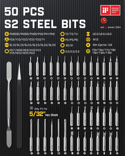 E1 Set, 50 5/32Hex, Fanttik Max Electric Screwdriver, Mini Precision Screwdriver Magnetic Bits, Magnetic Storage