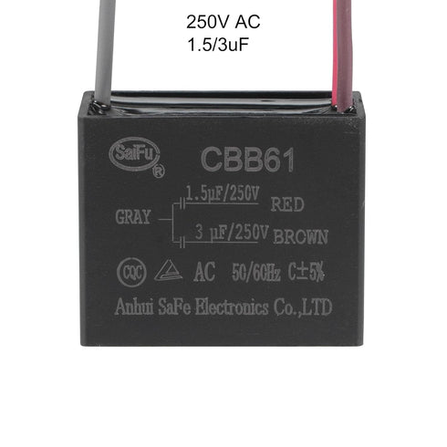 uxcell Ceiling Fan Capacitor CBB61 1.5/3uF 250V AC 3 Wires for Electric Fan Pump Motor Generator