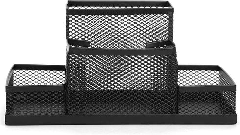 Mesh Desk Organizer for Office, 4 Compartments Pen Holder with Sticky Notes Holder, Black Mesh Storage