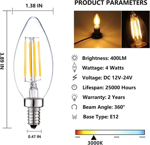 12 Volt LED Candelabra Bulbs E12 Light Bulb 40 Watt Replacement Soft White 3000K, Low Voltage 12V 24V Candelabra Light Bulbs for RV, 3 Pack by SHUWDKAR