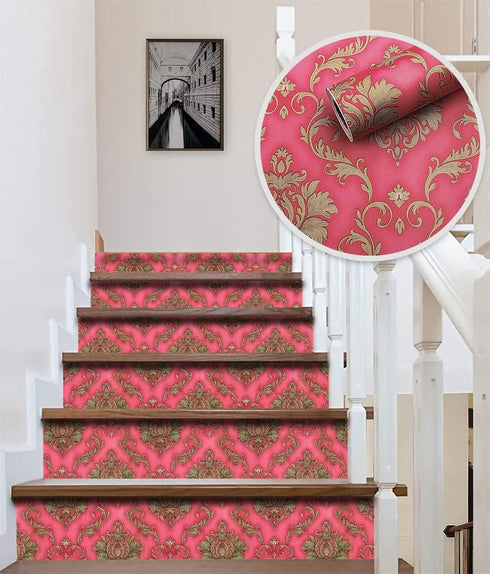 Y9151 Luxury Damask Wallpaper 17.7in x 9.8ft, Red Self Adhesive Removable Contact Paper for Home Decoration