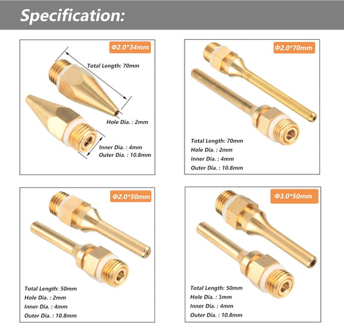 Yakamoz 4Pcs Interchangeable Copper Glue Gun Nozzle Set, 10.8mm Thread, Small Bore Long Tube Nozzles