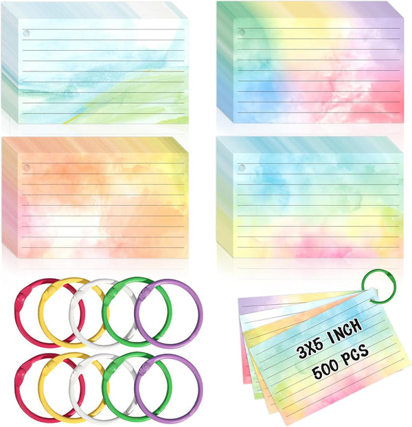 DOSTATNI 500 PCS Colored Index Cards with Hole Lined Flash Cards with Binder