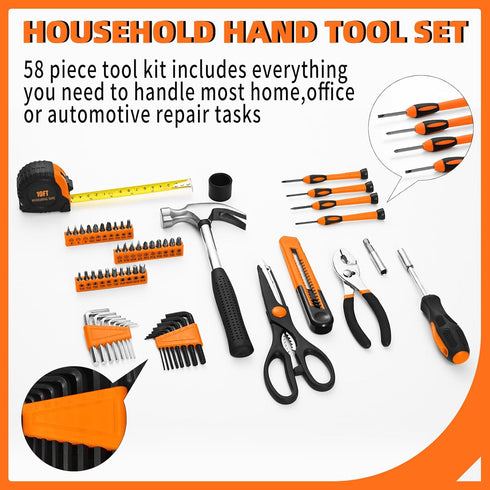 58-Piece Set, Toolbox Tool Kit Basic Home Repair Tool General Household Hand Tool Kit,Small Tool Kit with Plastic Mini