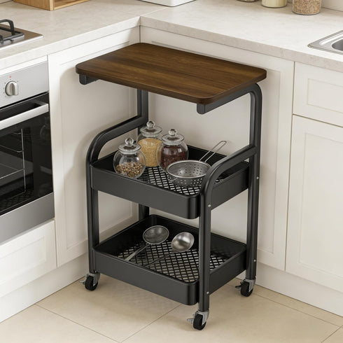 Generic 3 Multi-Purpose Tier Rolling Cart with Walnut Table Top, Metal Utility Storage Cart with Lockable Wheels