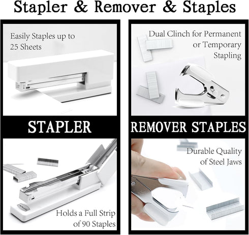 UPIHO White Office Supplies Set, Desk Accessories with Stapler, Tape Dispenser, Scissors, and More for Women
