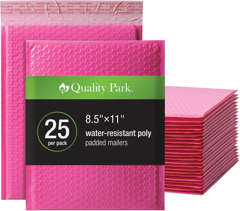 Quality Park Bubble Mailers, 8.25 x 11 Water Resistant Pink Poly Padded Envelopes, 25/Box with Redi-Strip Closure