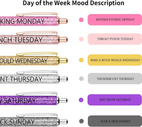 Jxueych 7 Pcs Funny Ballpoint Pen Set Gift for Coworker, Days of The Week Daily Glitter Pen, Black Ink Medium Point 1.0 Mm Smooth Writing by Jxueych