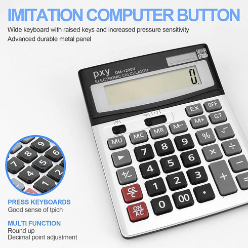Desk Calculator, 12 Digit Extra Large LCD Display, Big Buttons, PXY Two Way Power Battery and Solar for Office
