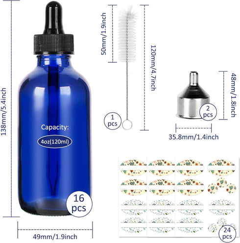 CycleMore 16 Pack (120 ml) 4 oz Blue Glass Boston Bottles with Glass Eye Droppers, Glass Dropper Bottles for Essential Oils & Lab Chemicals & More Liquids Ideal Gift for Mom & Friends by CycleMore