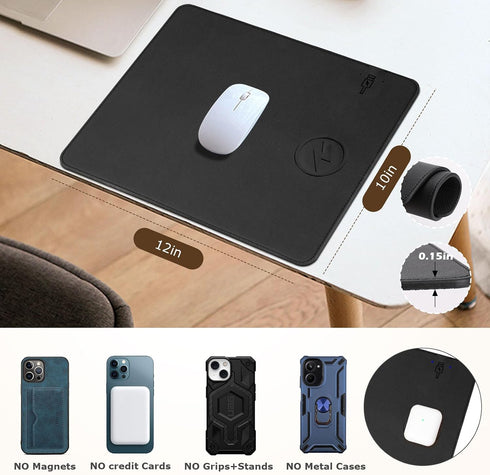 Firelison 2 1 12" 10"Black Wireless Charging Mouse Pad in Leather Multifunctional Office Desk Pad with Non-Slip Rubber