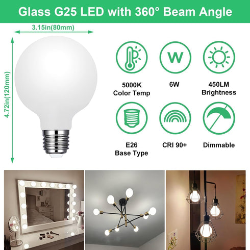 G25 Bulbs 6W 60W, 6 Pack G25 5000k dimmable 450LM, E26 g25 Bulbs Vinaco Milky Frosted Glass led Light Equal No Flicker