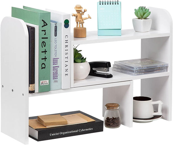 VERGOODR Desktop Adjustable Natural Wood Book Shelf Organizer, Expandable Desk Storage Rack Display Stand Set