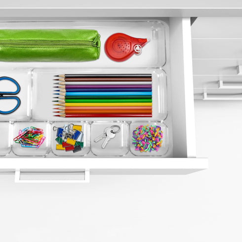 Manaloom Desk Drawer Organizer Tray, 9 Storage Compartments for Home and Office, Clear, 2 Pack