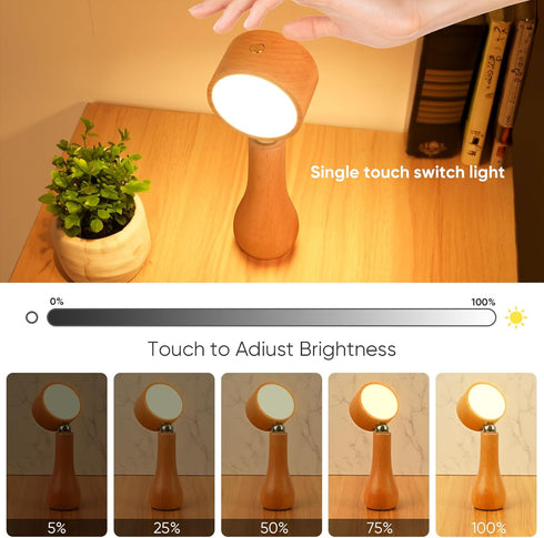 LONRISWAY 2 Pack Dimming, 360 LED Wooden Mushroom Lamp, Rechargeable Battery Operated Portable Cordless Touch Switch