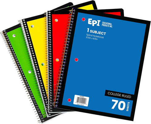 EPI 1 Subject Spiral Notebook, College Ruled Paper, 70 Sheets, Assorted Cover Colors (3)