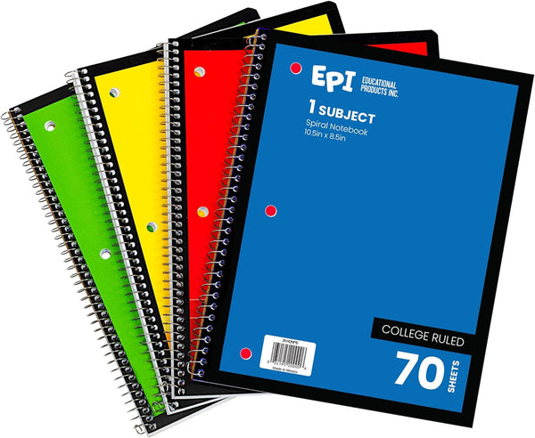 EPI 1 Subject Spiral Notebook, College Ruled Paper, 70 Sheets, Assorted Cover Colors (3)