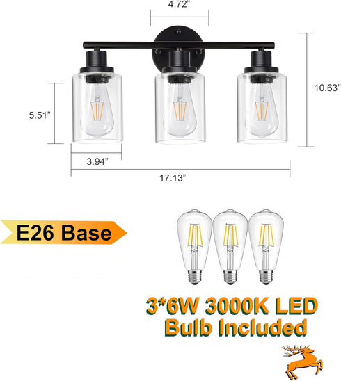 3 Fixtures(Bulbs Porch,E26 Ldeco Light Bathroom Light Included.),Black Vanity Lights with Clear Glass Shade,Modern Wall