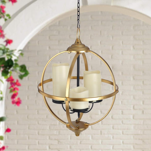 SUNNYPARK 3 12.6" Battery Operated Outdoor Candle Chandelier - Gold and Black Metal Globe Hanging Pendant Light