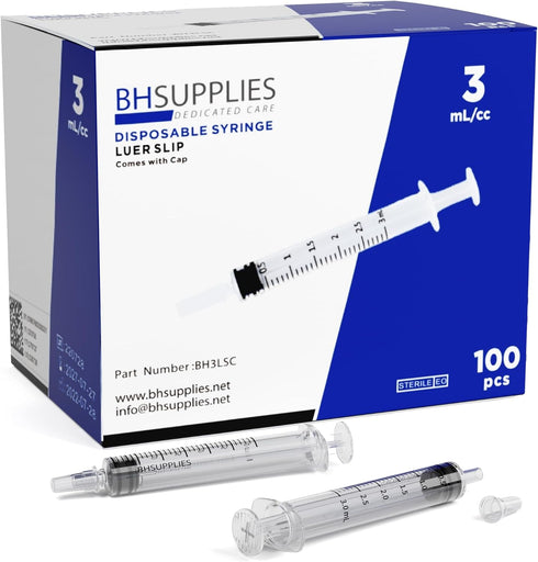 BH Supplies 3ml Luer Slip Tip Syringe with Caps, Sterile, Individually Wrapped, 100 Syringes
