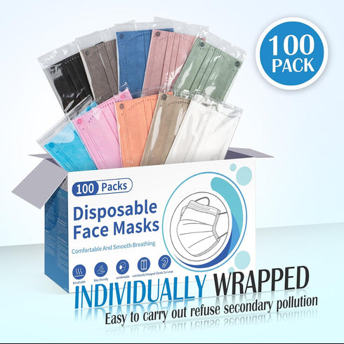 100 Pack 4 Disposable Face Mask For Adults - Travel Essentials, Individually Wrapped, Ply Protection,Safety Masks