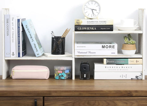 MyGift Adjustable Whitewashed Solid Wood Desktop Storage Organizer, Display Shelf Book Rack for Office Desk