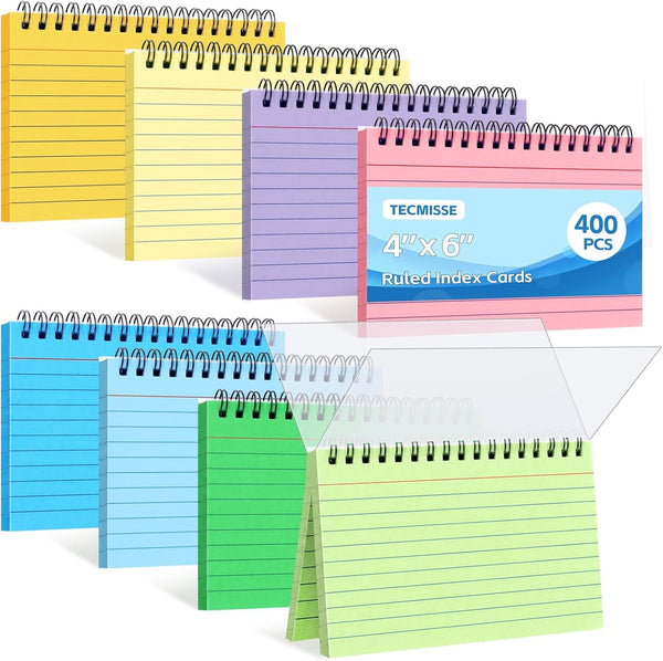 Tecmisse 400PCS Index Cards 4x6, Spiral Ruled Colorful Flash Cards with Waterproof