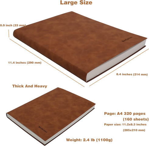 Large Blank Notebook Journal for Writing Drawing, Soft Faux Leather Cover, 100GSM Papers, 320 Pages, A4 8.4x11.4 inches Sketch Book(Brown, Plain) by BenOpinion