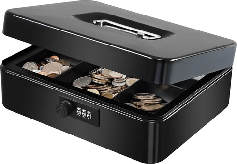 9.84"x 7.87"x 3.54" KYODOLED Large Cash Box with Combination Lock Safe Metal Money Box with Money Tray for Security