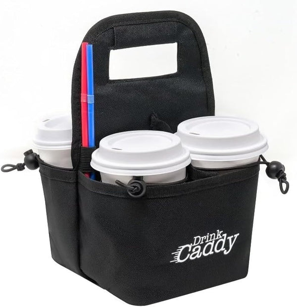 Drink Caddy Portable Drink Carrier and Reusable Coffee Cup Holder - 4 Cup Collapsible Tote Bag with Organizer Pockets