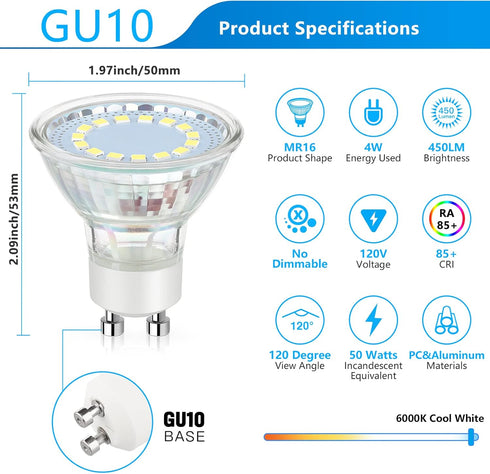 GU10 LED Light Bulbs, 50 Watt Halogen Equivalent, 6000K Cool White, Non-Dimmable, 450LM, 4W Replacement Recessed Track Lighting, 5-Pack by Maylaywood