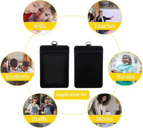Badge Holder with Detachable Lanyard, Vertical PU Leather ID Holder with Clear ID Window & Card Slot (Black)
