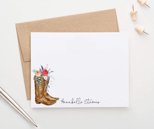 Set, Cowboy Boots Personalized Stationery for Women, Personalized FLAT OR FOLDED Note Cards with Envelopes TEXAS