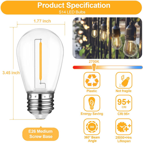 Mlambert LED String Light Bulbs, Shatterproof Outdoor S14 Replacement, Waterproof 1W, 15 Pack
