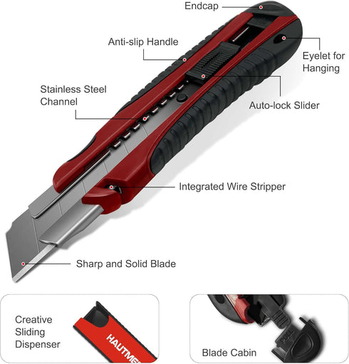 HAUTMEC 25mm Pro Heavy Duty Utility Knife with Extra 10PCS Rust Proof SK2H Blades, Autolock Slider for Industrial Use
