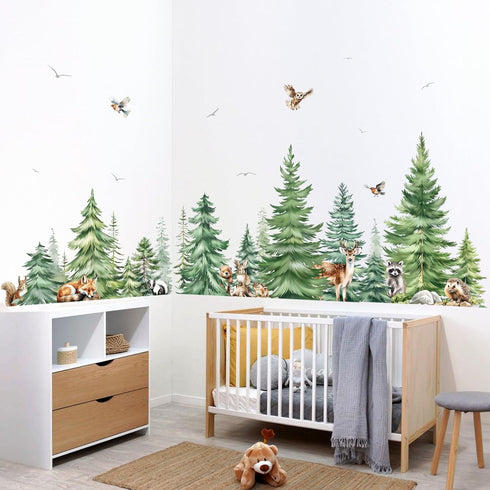 decalmile Large Watercolor Pine Tree Animals Wall Stickers Woodland Forest Tree Fox Deer Bear Wall Decals Baby Nursery