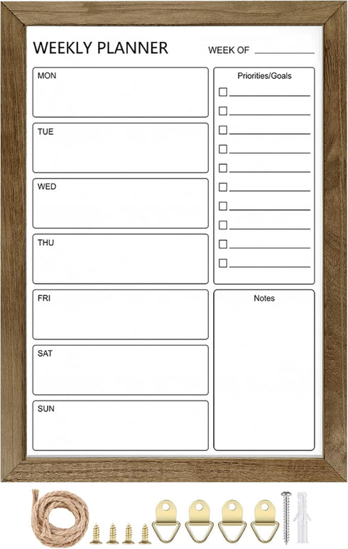 Dry Erase White Board & Weekly Calendar Board, Magnetic Whiteboard for Wall, 10.5“x14.5" Rustic Brown Framed Planner