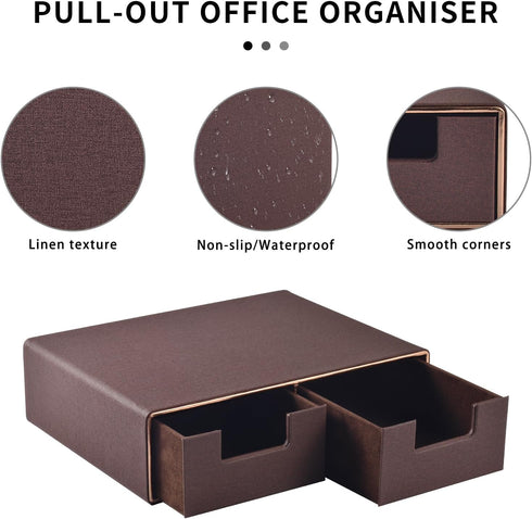 Linen Leather Desk Organizer with Drawers - Mini Stackable Desktop Storage Box for Office Supplies, Home Vanity (Brown)