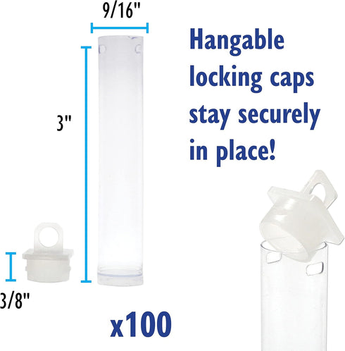 The Beadsmith Clear Plastic Tubes, 3-Inch Round with Hanging Caps, Bag of 100 for Beads & Storage