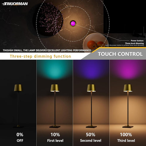 Timjorman Compact Cordless Table Lamp, Rechargeable LED Night Light, Dual Light Source (RGB Top & Warm Bottom), Touch