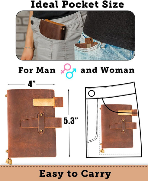 Leather Writing Journal Notebook - Handmade Refillable Travel Diary, 5.3" x 4", 180 Pages, Pen Holder, Card Holder for