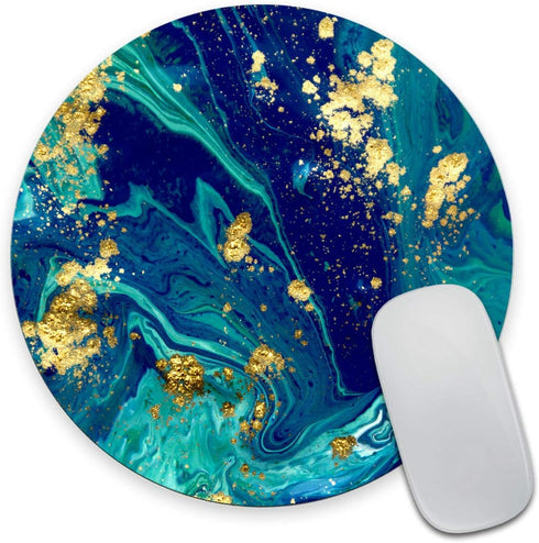 Smooffly Blue Marble Round Mouse Pad, Cute Mat Gold Green Turquoise Circular Mouse Pads Size 7.9 x 7.9 x 0.12 Inch