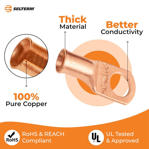SELTERM 25pcs 4 AWG 3/8" Stud Battery Lugs, Heavy Duty Copper Wire Ring Terminals, UL Bare Copper Eyelets