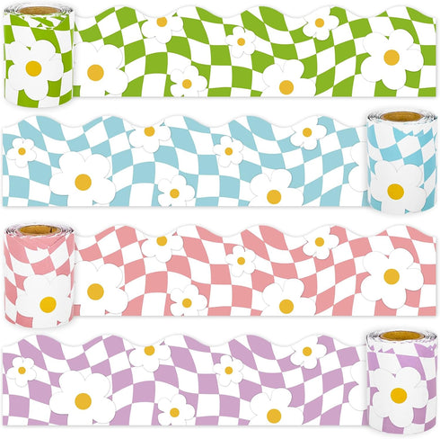 Whaline 131.2ft Retro Groovy Bulletin Board Borders, Green Blue Pink Purple Checkered Flower Trim for School Decor