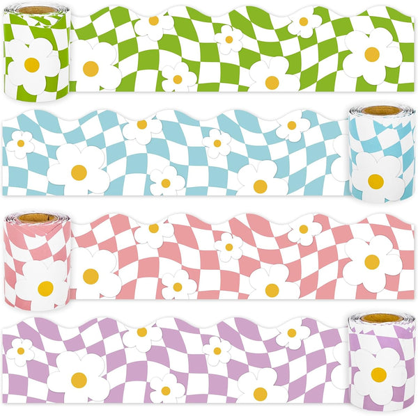 Whaline 131.2ft Retro Groovy Bulletin Board Borders, Green Blue Pink Purple Checkered Flower Trim for School Decor