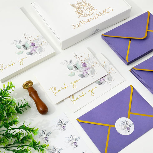 50 Pack 4 6 Inch JarThenaAMCS Greenery Floral Thank You Cards Boxed Purple Flower Greeting Cards with Envelope Sticker