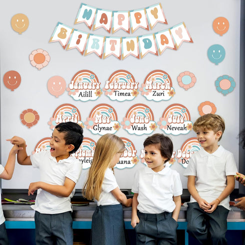 Groovy Happy Birthday Bulletin Board Set - Retro Hippie Birthday Cutouts for Classroom Decor