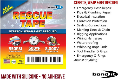 Rescue Tape, Self-Fusing Silicone Tape, Emergency Plumbing Pipe & Radiator Hose Repair, Electrical Insulation, Military Std, 1" x 12', Yellow by Bond It