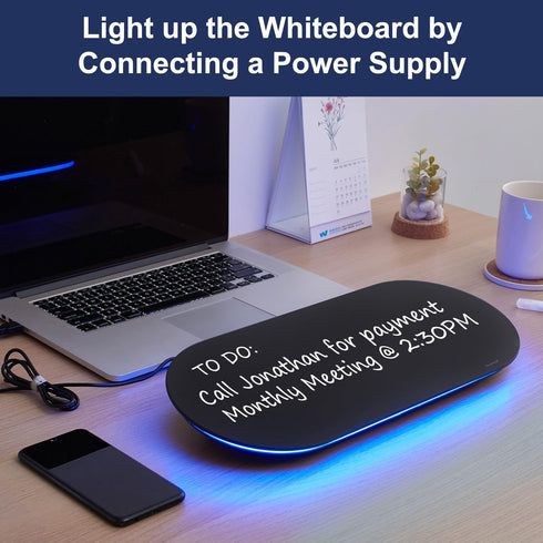 TSJ OFFICE Glass Desktop Whiteboard - 17 X 7 Inches Small Dry Erase Board with Blue Light, Glass White Board Surface